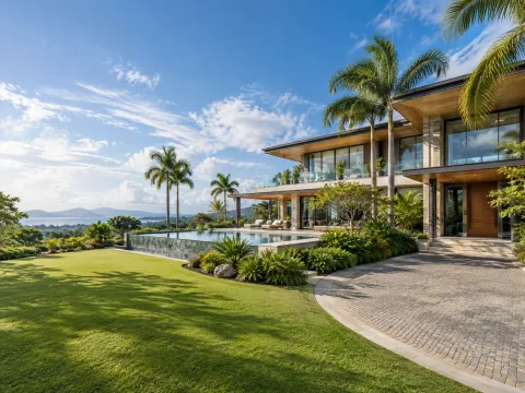 Illustrative AI image: the same luxury house in bright daylight