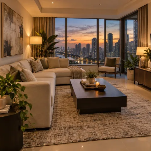 Illustrative AI image: staged penthouse living room with a skyline view