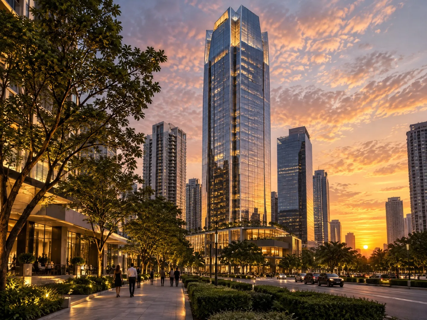 Illustrative AI image: faceted glass tower at sunset