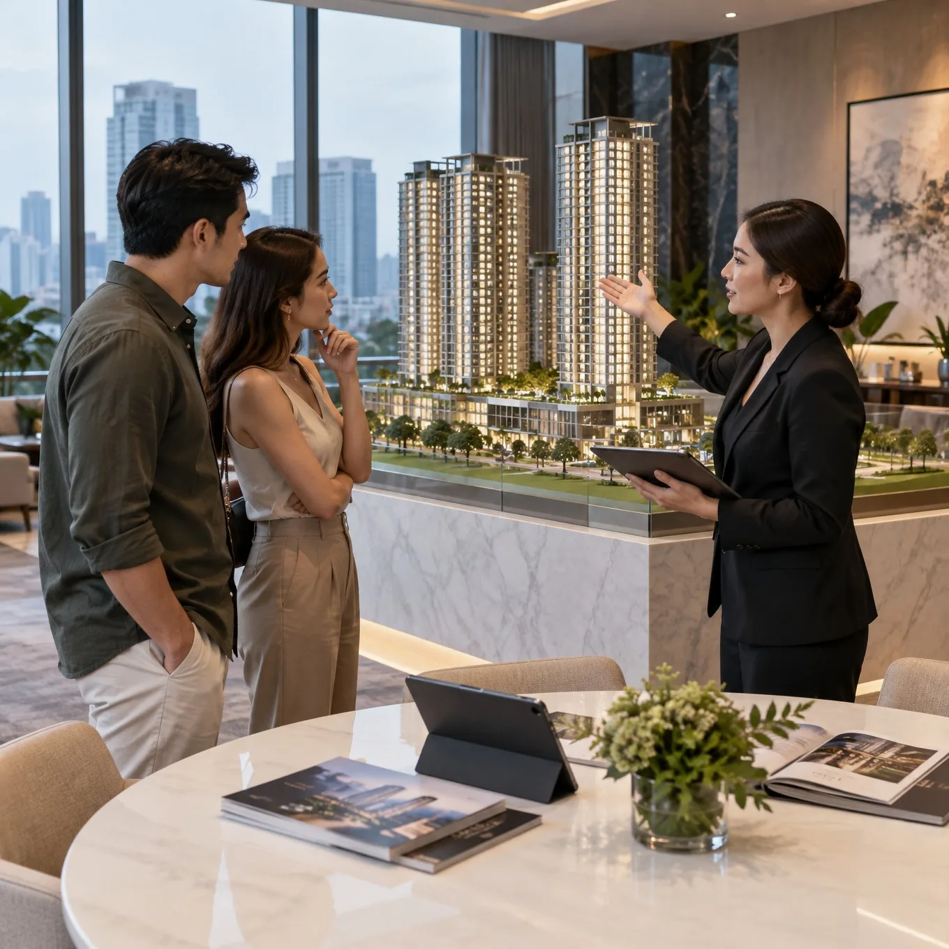 Illustrative AI image: sales gallery with a tower scale model and a marble table