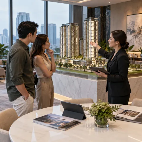 Illustrative AI image: sales gallery with a tower scale model and a marble table