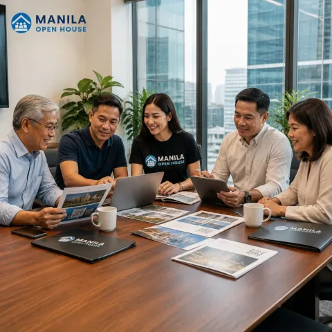 Illustrative AI image: five people around a table with brochures and laptops