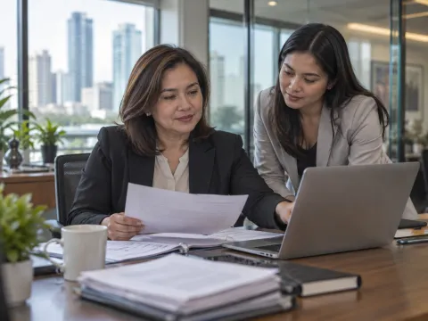 Illustrative AI image: two women reviewing papers and a laptop together