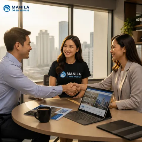 Illustrative AI image: three people shaking hands over a table, making an introduction