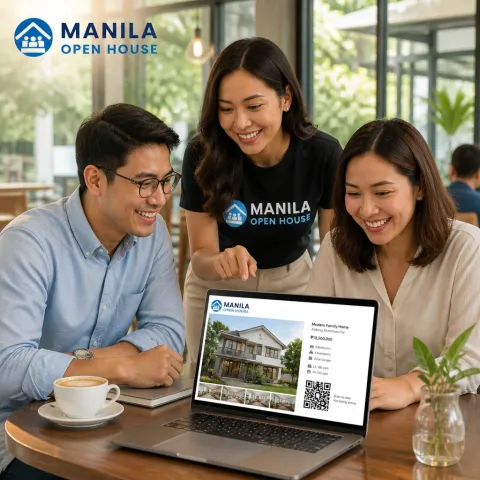 Illustrative AI image: three people laughing over a property page on a laptop