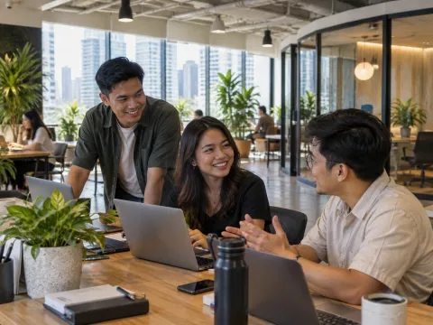 Illustrative AI image: three friends laughing around a shared desk with laptops and a city view