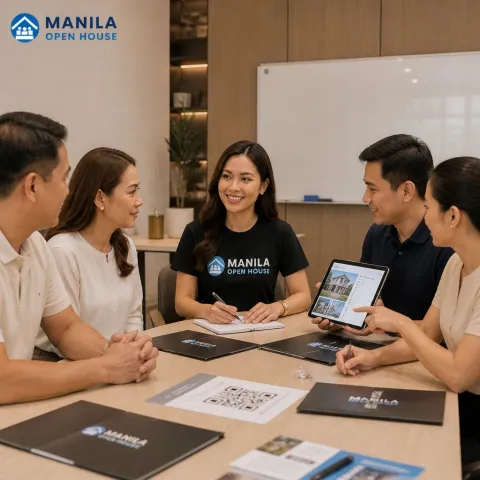Illustrative AI image: a group at a table with a tablet and a whiteboard, planning together