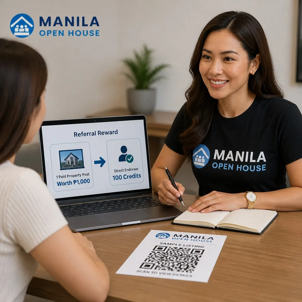 Illustrative AI image: a smiling woman beside a laptop showing a sample referral credit screen