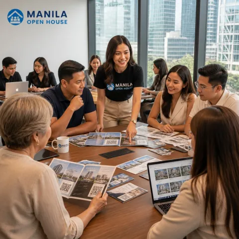 Illustrative AI image: a host standing with a group seated at a table with brochures and laptops