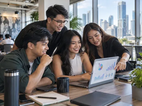 Illustrative AI image: four young professionals huddled over a laptop with charts