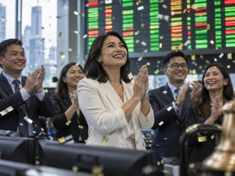 Illustrative AI image: five professionals clapping with confetti in the air