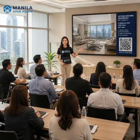 Illustrative AI image: a speaker presenting a slide to a seated group