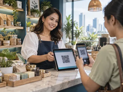 Illustrative AI image: a shop owner showing a QR code on a tablet while a customer scans it with a phone