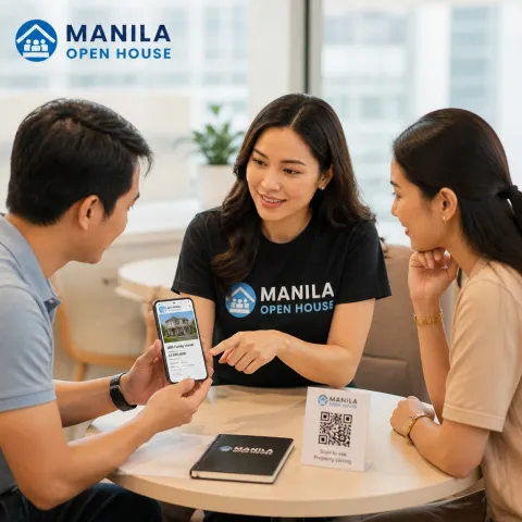 Illustrative AI image: a host showing a phone to two people with a QR stand on the table