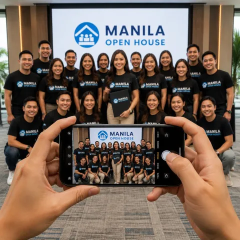 Illustrative AI image: a crew posing in front of a screen while a phone captures the photo