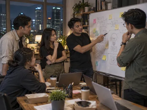 Illustrative AI image: a group planning at a whiteboard covered in sticky notes