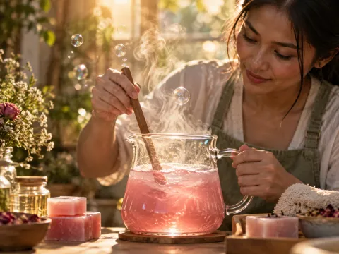Illustrative AI image: a woman stirring a steaming jug of pink soap base with bubbles rising in golden light