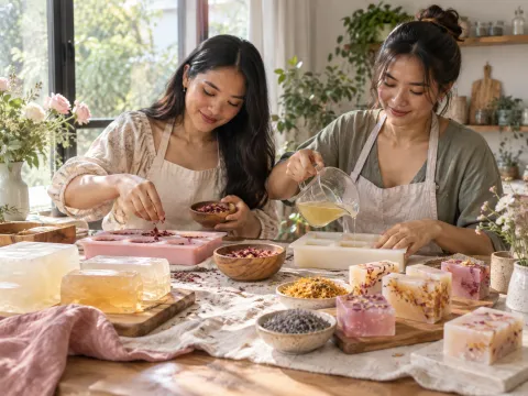 Illustrative AI image: two friends at a bright table pouring melted soap base and sprinkling dried petals into moulds