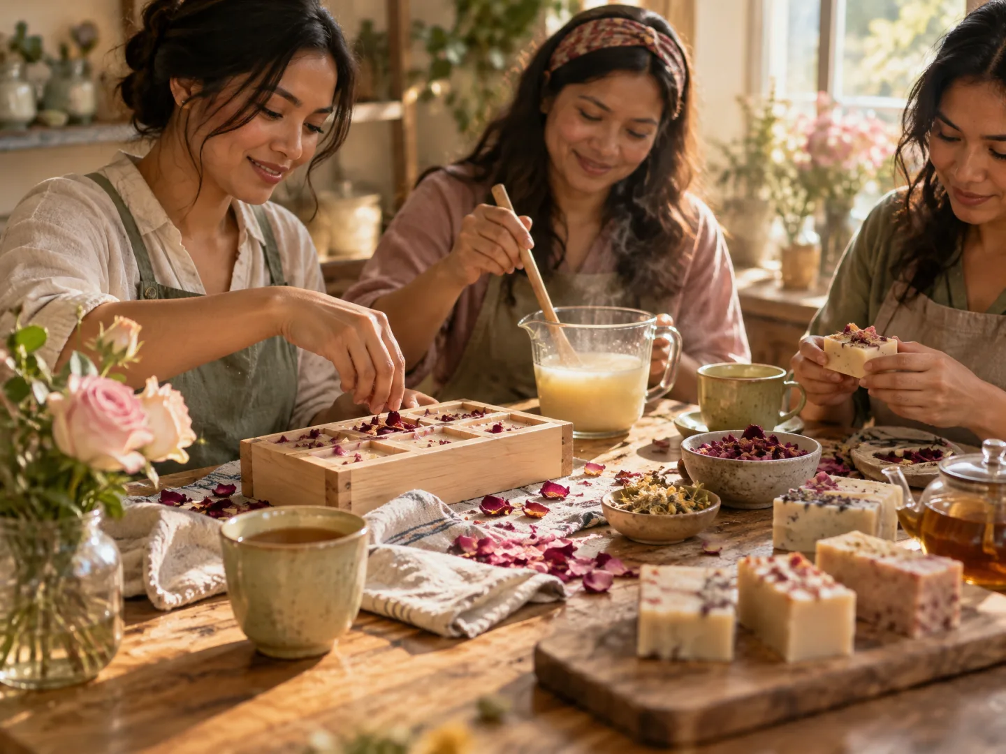 Illustrative AI image: a cozy table with tea, a small jug of melted soap and rose petals