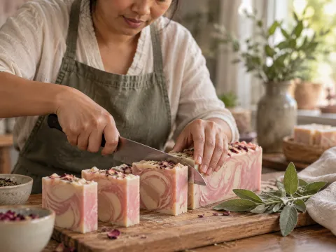 Illustrative AI image: a woman slicing a pastel swirled soap loaf into bars