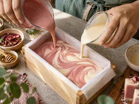 Illustrative AI image: hands pouring pink and cream soap base into a loaf mould, swirling together