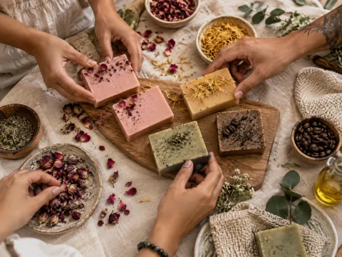 Illustrative AI image: overhead view of pastel soap bars, dried petals and small bowls of botanicals on linen