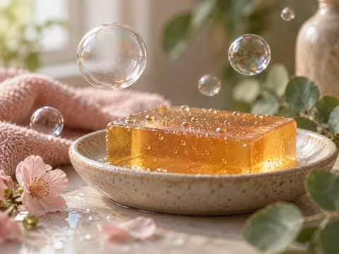 Illustrative AI image: soap bubbles floating above an amber soap bar on a ceramic dish