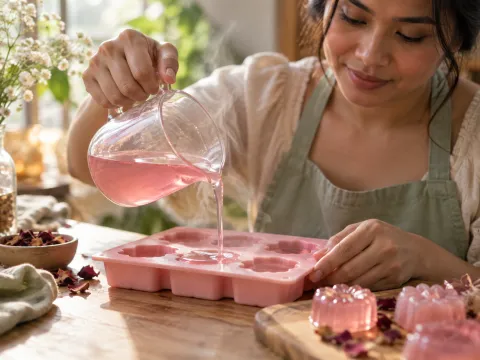 Illustrative AI image: hands pouring melted pink soap base from a glass jug into a silicone mould