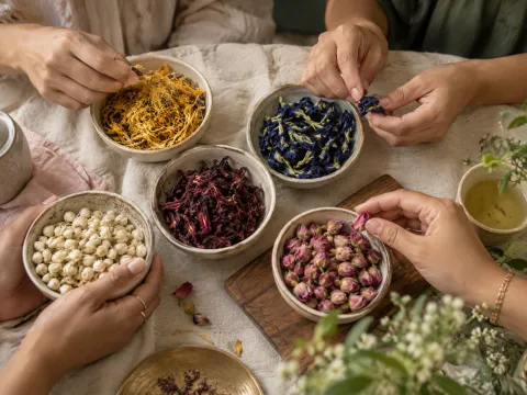 Illustrative AI image: hands choosing from small bowls of colourful dried petals and buds, seen from above