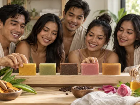 Illustrative AI image: friends admiring a row of five plain soap bars in yellow, green, brown, pink and amber