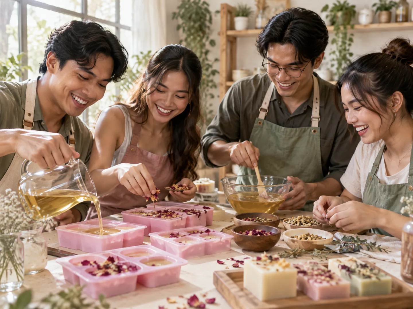 Illustrative AI image: four friends laughing around a soap-making table