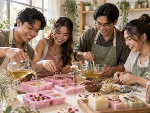 Illustrative AI image: four friends laughing around a soap-making table