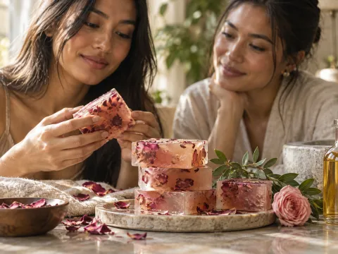 Illustrative AI image: a woman holding a rose-petal soap bar above a stack of translucent blush bars