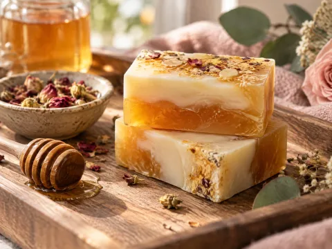 Illustrative AI image: cream and amber layered soap bars with a honey dipper and a bowl of dried flowers on a wooden tray