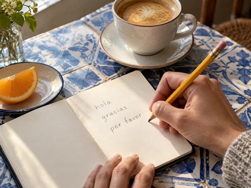 イメージ（AI生成）：コーヒーのそばで、小さなノートに hola、gracias、por favor と書く手元