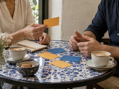 イメージ（AI生成）：カフェテーブルごしにフレーズカードで練習する2人。1人がカードを掲げている