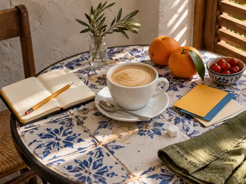 イメージ（AI生成）：青と白のタイルのカフェテーブルに、カフェ・コン・レチェ、開いた小さなノート、無地の色つきフレーズカード、オレンジ